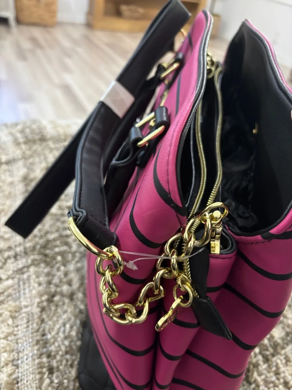 Betsey Johnson Pink and Black Striped‎ Satchel with Bow Charm Shoulder Bag NWOT